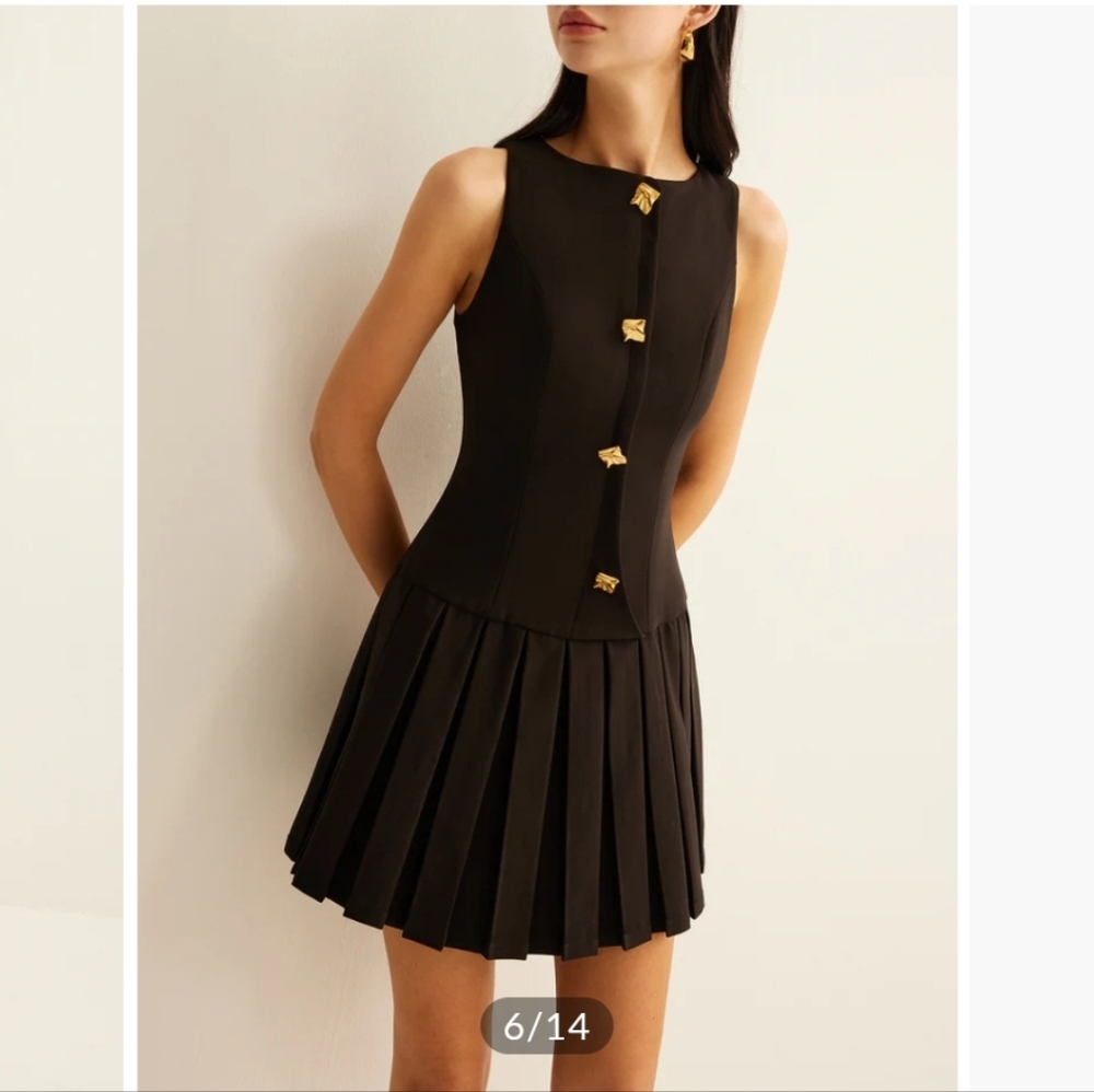 Commense Black Gold-Button Pleated Mini Dress - Picture 1 of 3